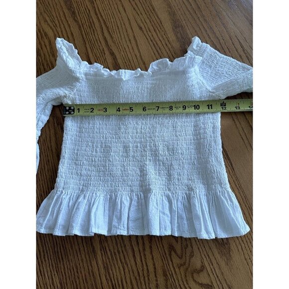 Moon River Peplum Style Smock Bustline White Crop Ruffle Neck Sz L Off Shoulder - Picture 8 of 8
